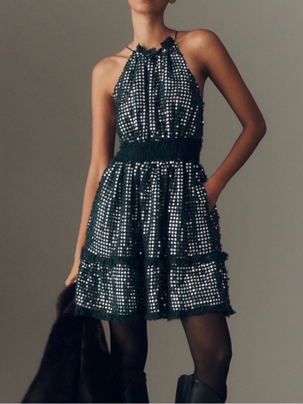 NWT Anthropologie Somerset Shine Mini Halter Floral Sequin Dress in Green Sz XS